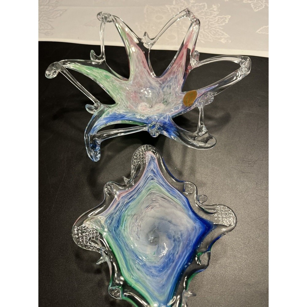 2 ~ Murano Art Glass Bowls Abstract Sculptures Blue Green Swirl Original Sticker - Picture 3 of 16